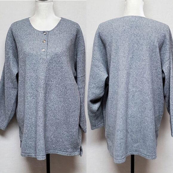 VINTAGE 90s Eddie Bauer Gray Fleece Long Sleeve V-neck Button Pull-over Sweater - Picture 1 of 10